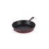 Red cast iron frying pan with handle, shown from above on white background