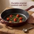 Red cast iron frying pan searing steak on induction hob, wooden utensils beside
