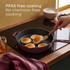Red cast iron skillet with baked eggs coming out of oven, hands with red oven gloves visible