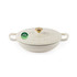 Cream cast iron casserole dish with lid, gold knob, PFAS free label visible