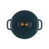 Green cast iron casserole dish with gold knob, top view