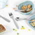 Children's silver cutlery set with animal motifs, showing fork, knife, spoon and teaspoon.