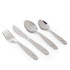 Children's silver cutlery set with animal motifs, showing fork, knife, spoon and teaspoon.