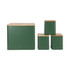 Set of four green kitchen storage canisters with wooden lids, shown in assorted sizes.