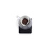 Glass coffee dripper with paper filter and ground coffee, top-down view, on digital scale