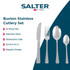 Set of four silver stainless steel cutlery pieces: knife, fork, tablespoon, teaspoon