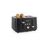 Black and gold 4-slice toaster with slices of bread, front controls visible.