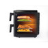Air fryer with racks cooking chicken, chips, baguette, and green beans, shown from the side