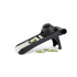 Black and silver handheld mandoline slicer with protective holder, shown slicing cucumber.