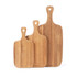 Set of three wooden paddle chopping boards, natural finish, shown upright.