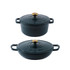 Set of two dark green cast iron casseroles with gold knobs and SALTER branding, shown with lids.