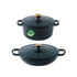 Set of two dark green cast iron casserole dishes with lids, gold knobs, PFAS free label.