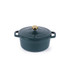 Green cast iron casserole dish with gold knob lid, shown from the front