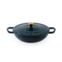 Green cast iron casserole dish with gold knob, lid, and side handles