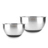 Set of two silver stainless steel mixing bowls with black bases