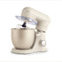 Beige stand mixer with large bowl and whisk attachment, angled side view