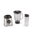 Stainless steel blender base, large glass jug and travel cup, shown together.