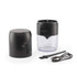 Black electric coffee grinder with clear container, USB charging cable and cleaning brush