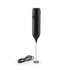 Black rechargeable milk frother with whisk and USB cable, upright view