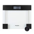 Digital bathroom scale with clear glass platform and black trim, LCD display shows 0.0 kg