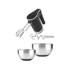 Black hand mixer with beaters, dough hooks and two stainless steel mixing bowls.
