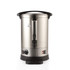 Stainless steel hot water urn with black lid and tap, shown from the front.