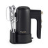 Black and gold electric hand mixer with stand and chrome beaters