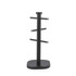 Black metal mug tree holder with chrome accents, for kitchen countertop storage.
