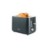 Grey 2-slice toaster with lever and buttons, showing toasted bread inside slots