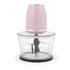 Pink electric food chopper with glass bowl, filled with chopped vegetables, front view