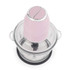 Pink electric food chopper with glass bowl, top view