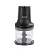 Black and gold electric food chopper with clear bowl, shown upright