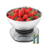 Digital kitchen scale with bowl of fresh strawberries and batteries included