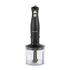 Black and gold handheld food chopper with clear bowl, shown upright on white background