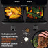 Salter air fryer with two open compartments, one with potato wedges and one with mixed vegetables.