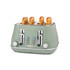 Sage green 4-slice toaster with chrome controls, shown toasting seeded bread.