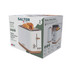 Boxed Salter Toronto 2-slice toaster, matte white with wood accents, front angle