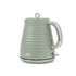 Sage green ribbed electric kettle with chrome handle, side view
