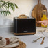 Black 2-slice toaster with wood effect base, side view