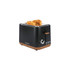 Black 2-slice toaster with wood accents and toasted bread, angled product image