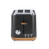 Black 2-slice toaster with wood accent, front control panel, UK plug