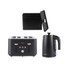 Black kettle, 4-slice toaster, and bread bin set with gold accents, front view.