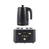 Black electric kettle and four-slice toaster set with gold accents, front view