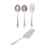 Set of stainless steel serving utensils: slotted spoon, solid spoon, serving fork, and cake server.