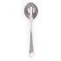 Stainless steel slotted serving spoon, silver, shown from above on white background