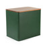 Green metal storage bin with wood-effect lid, shown at a slight angle.