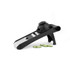 Black and silver hand-held mandoline slicer with guard, shown slicing cucumber.