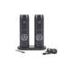 Set of two black electric salt and pepper grinders on charging base with USB cable