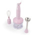 Pink hand blender set with chopper, whisk, and blending attachments