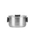Stainless steel stockpot with glass lid and black handles, shown on white background